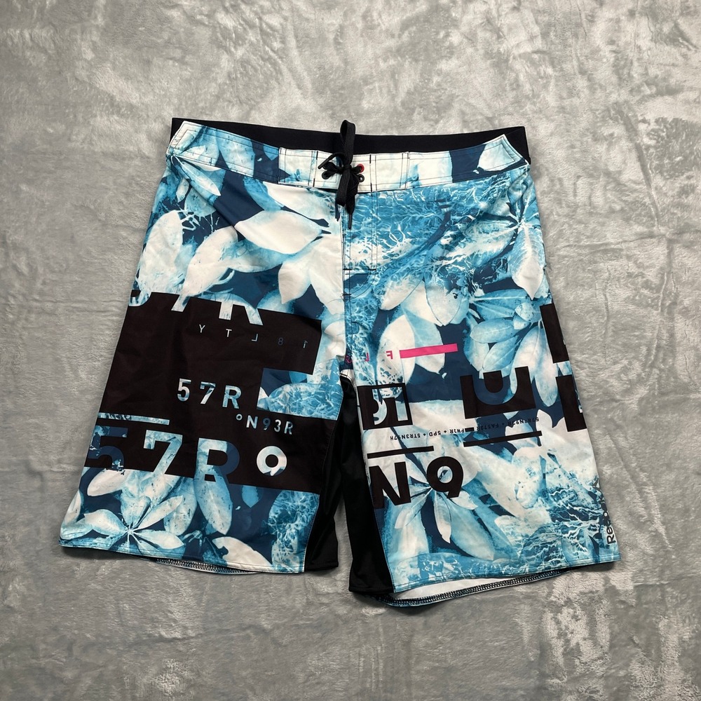 Reebok‎ Board Shorts Mens Large Blue White Floral Graphic Swim Trunks